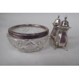 A silver capped glass dish  Birmingham 1900  3.25"dia; and a pair of pepper pots  Birmingham 1911