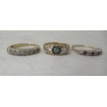 Three 9ct gold rings, variously set with diamonds and coloured stones