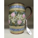 An early 20thC Royal Doulton blue, green, pink and brown glazed stoneware baluster shape jug,