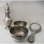 Silver and white metal collectables, viz. two bowls; a hand mirror; and a caster  7"h  mixed marks