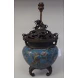 A late 19thC Chinese cast bronze and cloisonné censer, later adapted as a table lamp, the bulbous