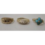 Three gold coloured rings, one set with turquoise beads