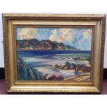 JH Craig - a rocky beach with boats and figures  oil on board  bears a signature  16" x 12"  framed