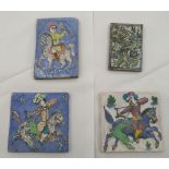 Four (probably) Middle Eastern pottery tiles, depicting differing scenes  largest 7.5"sq