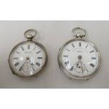 Two early 20thC silver cased pocket watches, viz. an Express English Lever, faced by an enamelled