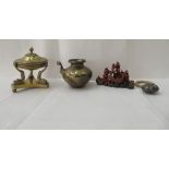 A mixed lot: to include an Oriental carved soapstone ornament  2.5"h; and a brass vase  4"h