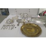 Silver plate and other metalware: to include a pair of European candlesticks  7"h