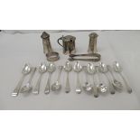 Silver condiments and flatware, mainly teaspoons  mixed marks