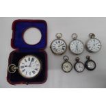 Three various fob watches; and a nickel plated cased bedside pocket watch, in a maroon hide