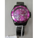 A Tevise black lacquered, steel cased, bracelet wristwatch, the automatic movement faced by a pink