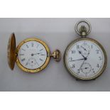 A gold plated cased pocket watch, the Waltham movement faced by a Roman dial with subsidiary