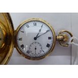 An early 20thC gold plated cased pocket watch, faced by a Roman dial with subsidiary seconds