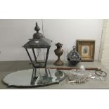 A mixed lot: to include a 1950s mirror  15" x 25"; and a cast metal lantern frame  24"h