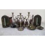 George III and later metalware: to include a copper chamberstick; and a twin branch candelabrum