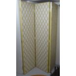 An early/mid 20thC yellow shabby chic painted pine, three-fold screen  each panel 78"h  22"w