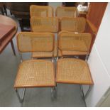 A set of six Marcel Breuer style modern beech framed and split cane panelled dining chairs, raised