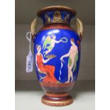 An overpainted and gilded porcelain, twin handled vase, bearing the text 'Visitors of Public Games