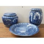 Three items of early 20thC Maling china, decorated in blue and white, viz. two canisters  5" & 8"