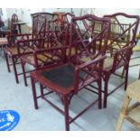 A set of six modern Chinese inspired, bamboo effect, red painted chairs  comprising two standard/