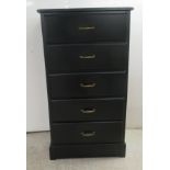 A modern black painted five drawer tallboy, on a plinth  48"h  27"w