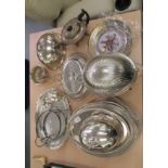 Silver plated tableware: to include an oval serving tray with a low galleried border  14"dia