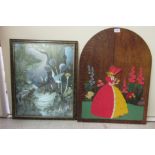 A wooden panel depicting a woman in a woodland setting  26"h  19"w; and another similar  20"h  16"w