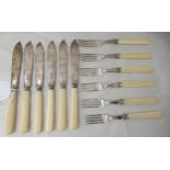 A set of six silver fish knives and forks, on ivorine handles  Sheffield 1930  cased