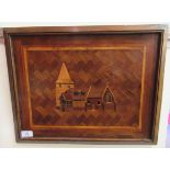 A late 19thC (possibly) American samplewood picture, a church  13" x 16"  framed