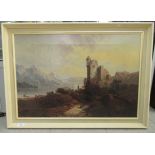 Late 19thC Continental School - a castle on a hilltop with mountains beyond  oil on canvas  18" x