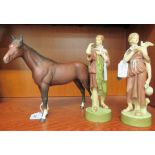 Two Royal Dux porcelain figures, two Roman women  7"h; and a Beswick china horse  6"h
