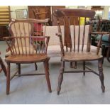 Two 19thC chairs, viz. a beech and elm framed comb and spindled back elbow chair, the solid seat