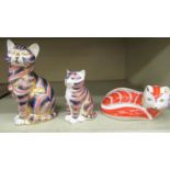 Three Royal Crown Derby bone china paperweights, viz. a seated cat and kitten 3" & 5"h; and a fox
