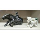 Two modern Chinese carved hardstone ornaments, viz. a figure riding a water buffalo  3.5" & 2.5"h