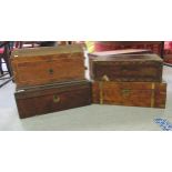 Four 19thC variously cased boxes of purpose: to include a partially brass inlaid mahogany writing