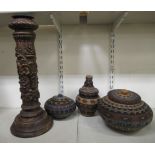 An early 20thC dark stained faux wood, pottery candlestand  22"h; and four (possibly) North