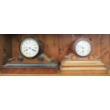 Two early 20thC oak and mahogany finished drum design mantle clocks, both faced by Roman dials  9.