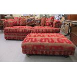 A modern red and beige tapestry upholstered four person Chesterfield style settee; and a footstool