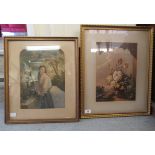 Two framed coloured prints after George Baxter - a girl posting a letter in a tree trunk  14" x 10";