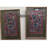 Two early 20thC Chinese silk embroidered panels, depicting birds, dragons and flora  7" x 14"