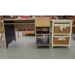 A modern blue laminate desk with a drawer and two open shelves, on a plinth  30"h  44"w; and a white