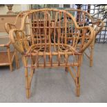 Six items of small bamboo/caned furniture: to include a set of three open arm chairs