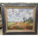 20thC French School - a landscape with a poppy field and figures  oil on canvas  bears an indistinct