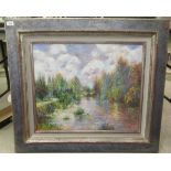 20thC French School - a riverscape with figures  oil on canvas  bears an indistinct signature  25" x