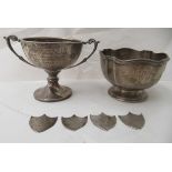 Silver items, viz. a pedestal trophy bowl  3"dia; a twin handled example  2.5"dia  mixed marks;