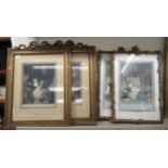 Two pairs of late 19thC engraved figures, in parlour settings  14" x 11" in ornate gilt gesso frames