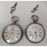 Two silver cased pocket watches, both faced by Roma dials, one Inscribed Joseph Hackler, Preston