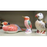 Three Royal Crown Derby bone china paperweights, viz. a pheasant  2.5"h; a kingfisher  4"h; and a