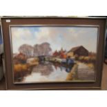 Anthony Warren - a semi-rural canal scene with barges and buildings  oil on canvas  bears a