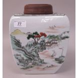 A 19thC Chinese porcelain vase and a decoratively pierced wooden cover of shouldered, square,