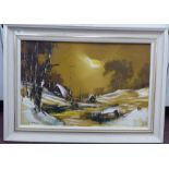 David Deakins - 'Snowy landscape with cottages and figures'  oil on board  bears a signature &